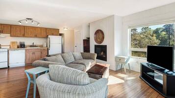 A modern living room with a sofa, coffee table, TV, fireplace, and kitchen area.