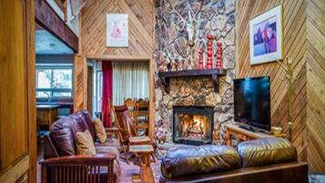 Smart TV, fireplace, foosball