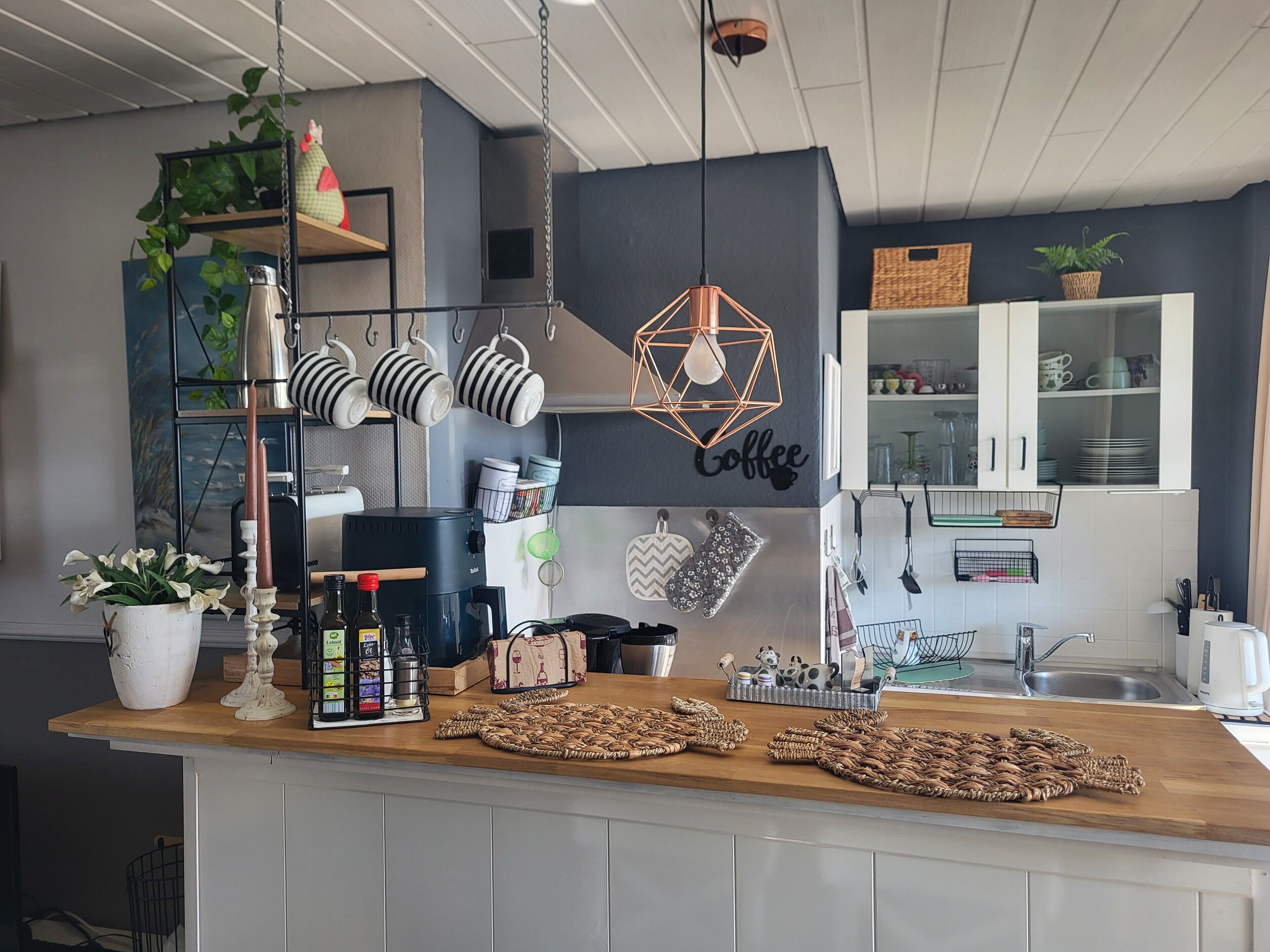 Kühlschrank, Ofen, Herdplatte, Wasserkocher mit Kaffee-/Teezubehör