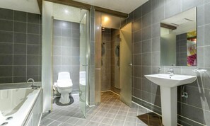 Une salle de bain moderne équipée d’une baignoire, de toilettes et d’un espace douche.