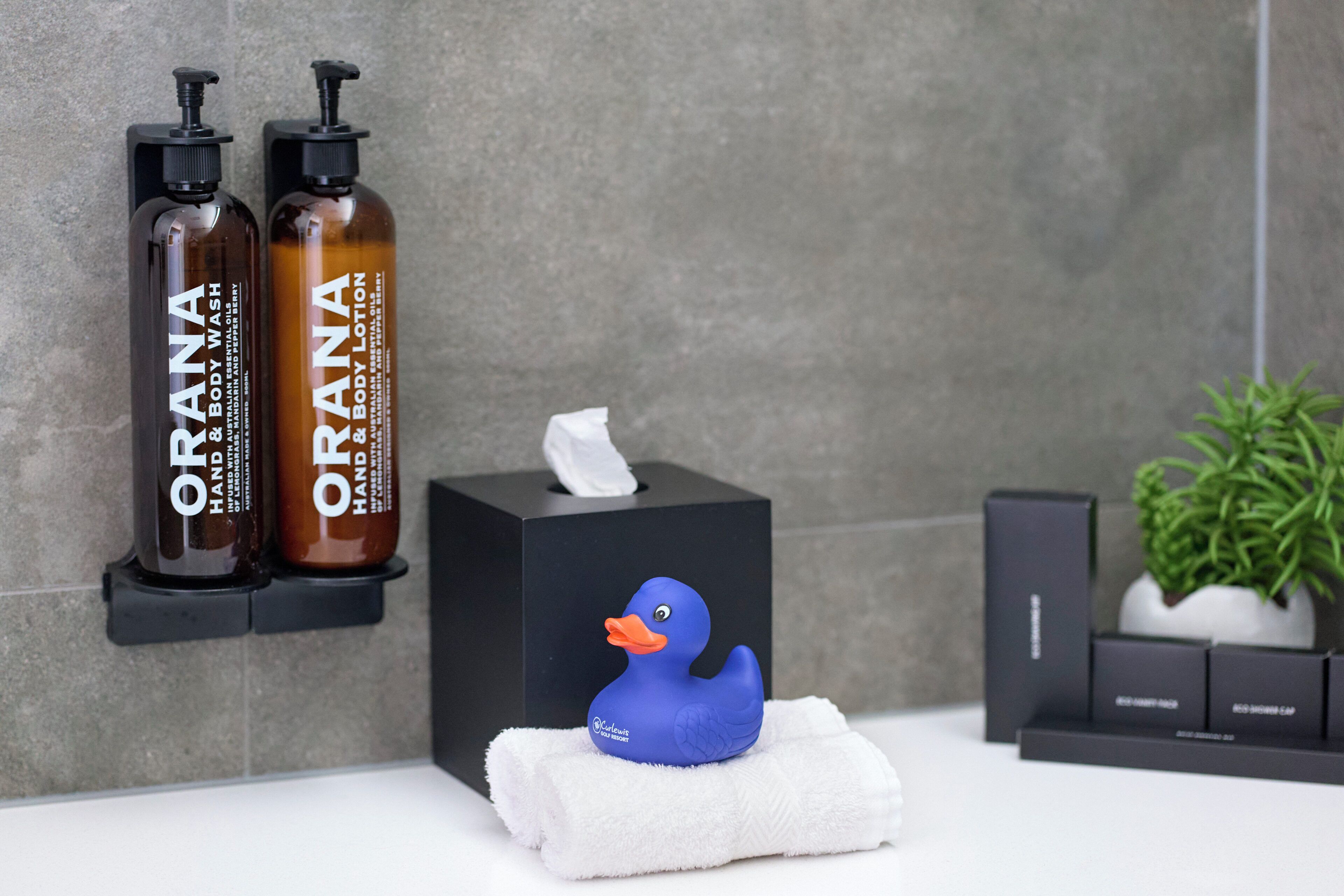 Une salle de bain avec deux flacons de savon pour les mains et de lotion pour le corps de la marque ORANA, une boîte de mouchoirs, un canard en caoutchouc bleu et une plante en pot.