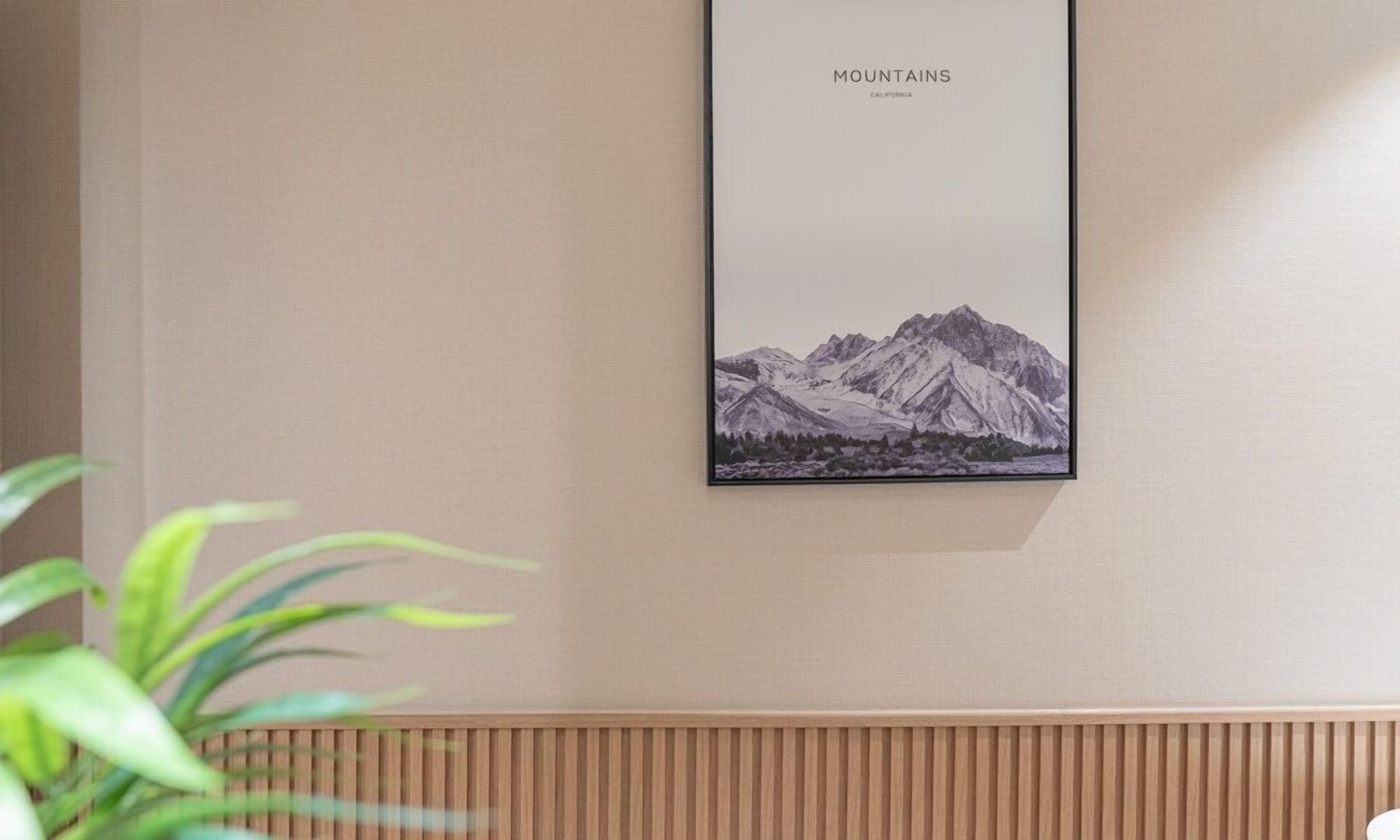 A framed picture of mountains on a wall.