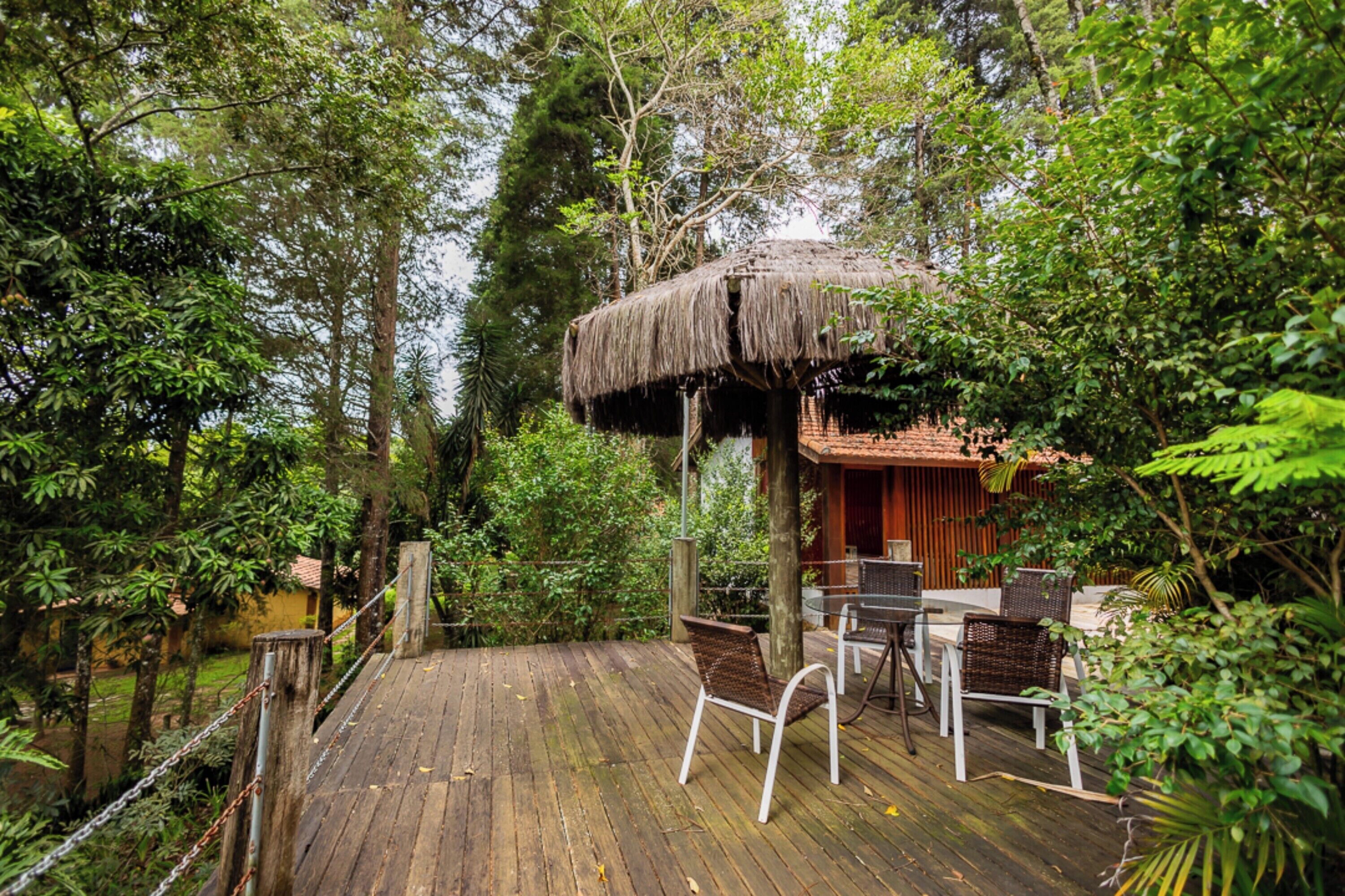 Una terraza de madera con una estructura de techo de paja, rodeada de vegetación exuberante.
