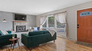 Smart TV, fireplace, books