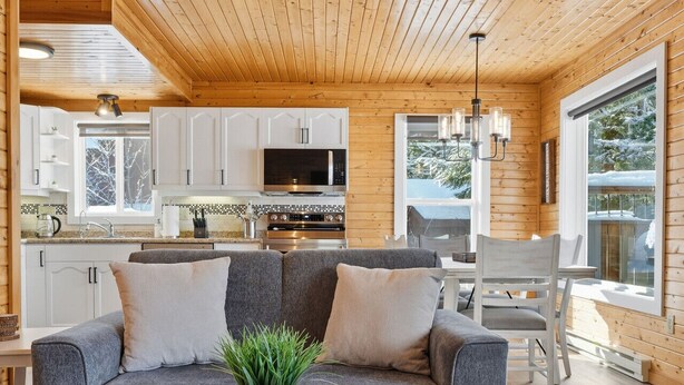 A cozy living room with a grey sofa, a white coffee table, and a plant. - Lakeside Retreat with Hot Tub (Windsor)