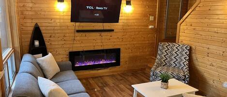 TV connectée, cheminée, livres, chaßne hi-fi