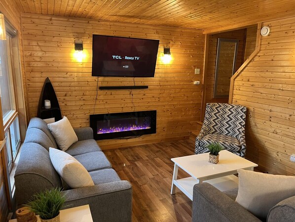 Smart TV, fireplace, books, stereo