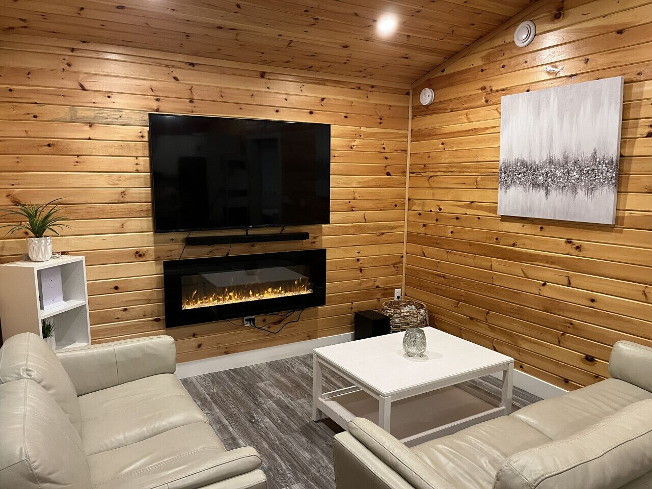 Smart TV, fireplace, stereo