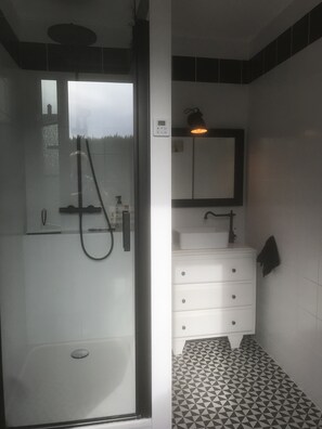 Regadera, toallas, papel de baño