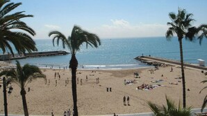 Een strand met palmbomen, mensen die zonnebaden en een pier die in het water uitsteekt.