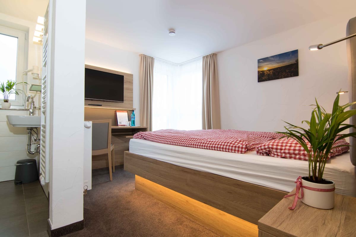 Ett hotellrum med en säng, ett skrivbord, en tv, ett fönster med gardiner, en växt och en tavla på väggen.