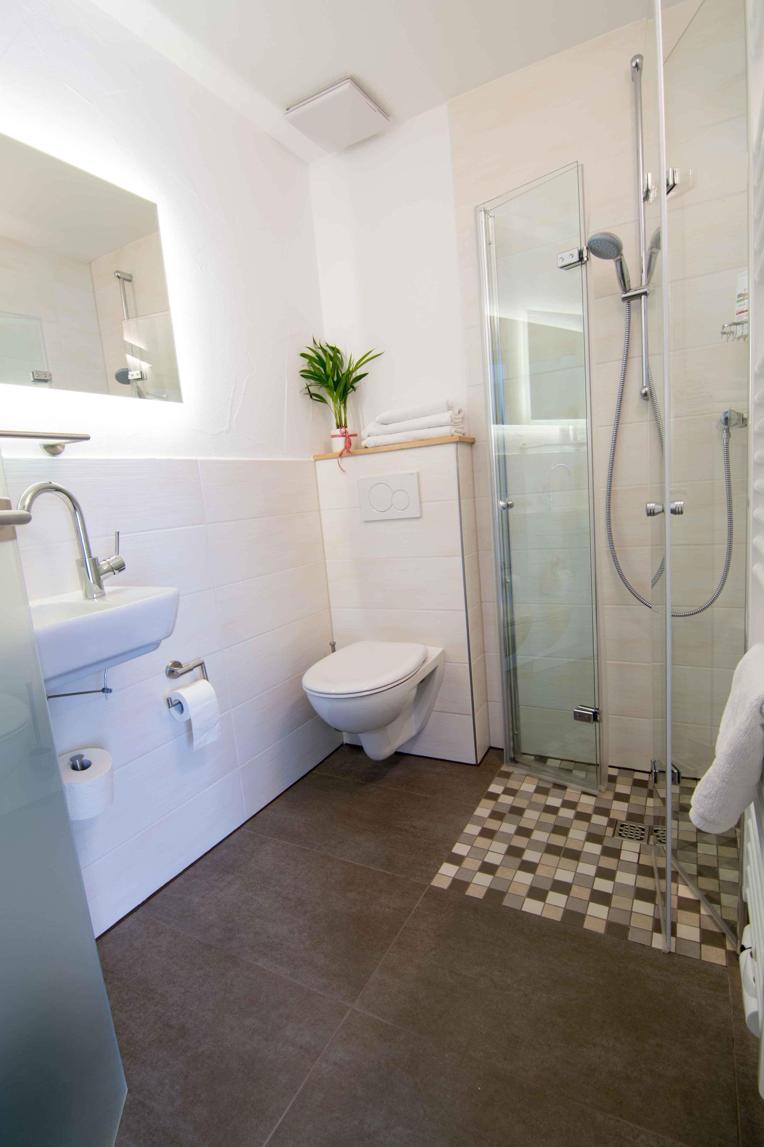 A modern bathroom with a glass shower enclosure, a sink with a mirror, and a toilet.