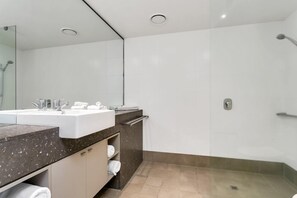 Shower, hair dryer, towels
