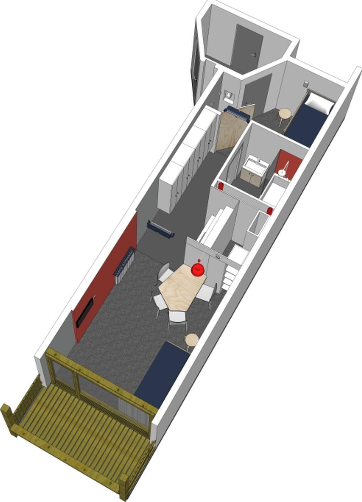 A 3D model of a hotel room with a bed, a desk, a chair, a small table, and a sofa.