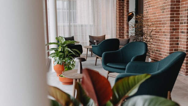 A modern lounge area with a brick wall, green armchairs, and potted plants. - Südspeicher (Kappeln)