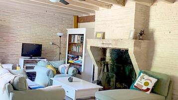 Cheminée, lecteur de DVD, table de tennis de table, livres