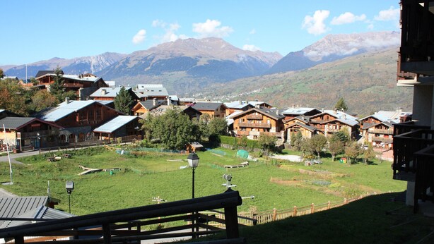 A mountain village with wooden houses, a grassy field, and a mountain backdrop.