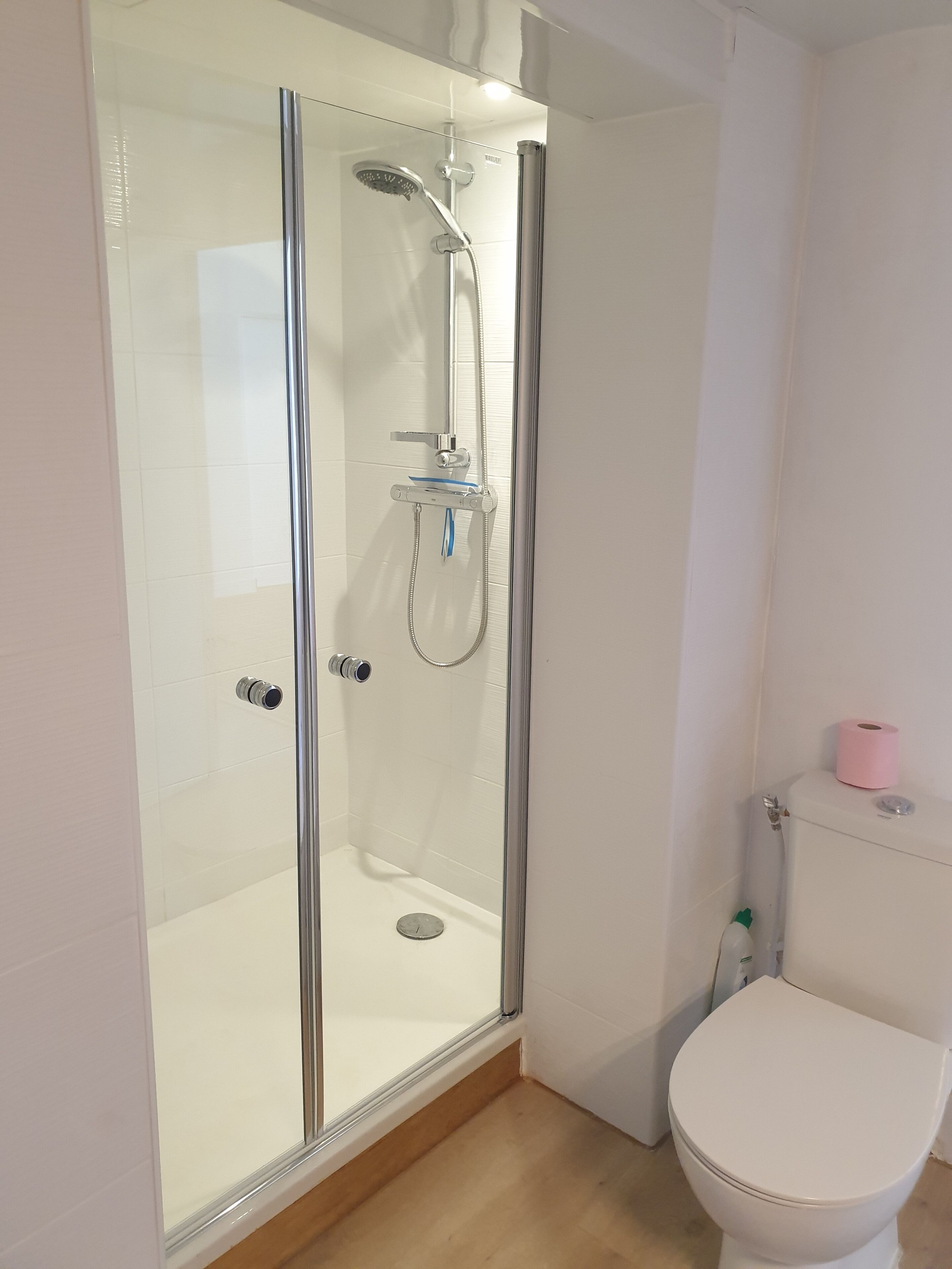 Une salle de bain moderne avec une douche à parois de verre, des toilettes blanches et un rouleau de papier toilette visible.
