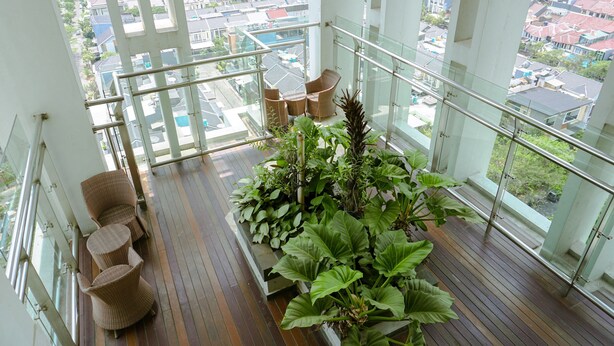 Un balcón con mobiliario de mimbre y una maceta con plantas verdes grandes.