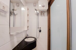 Bathroom features a sink, mirror, toilet, and shower area with handheld showerhead.
