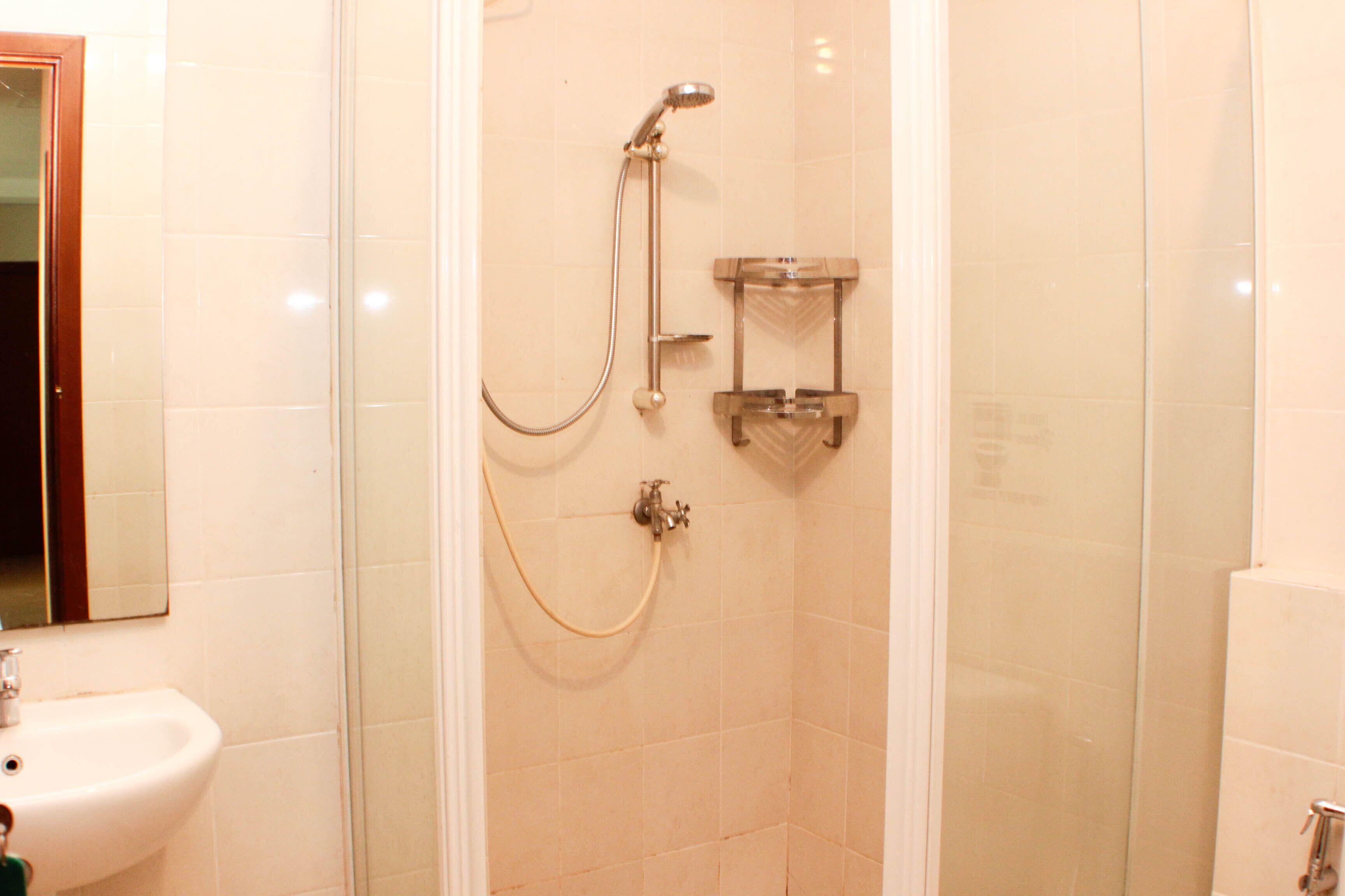A bathroom with a shower, sink, and a mirror.
