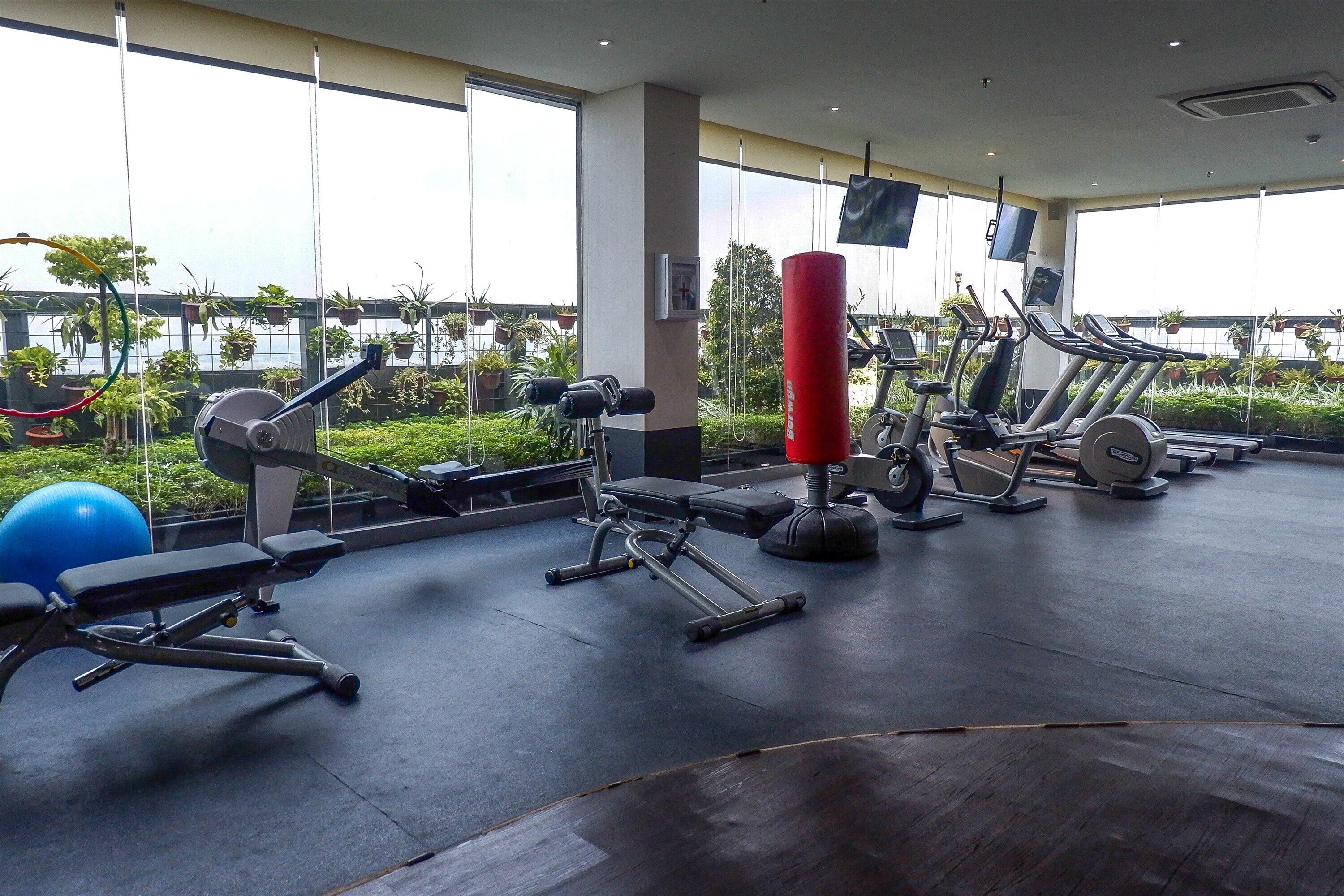 A gym with exercise equipment, a punching bag, and large windows overlooking a garden.