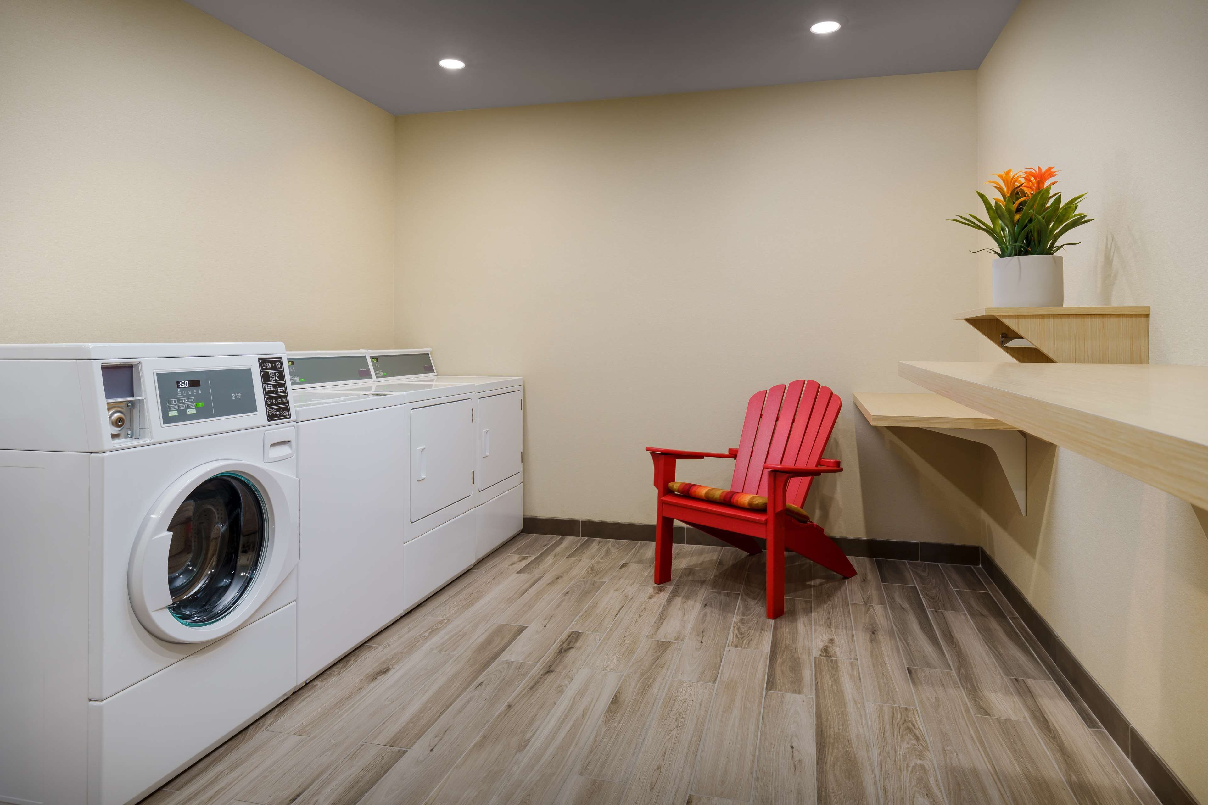 A laundry room with a washing machine, a red chair, and a shelf with a potted plant.