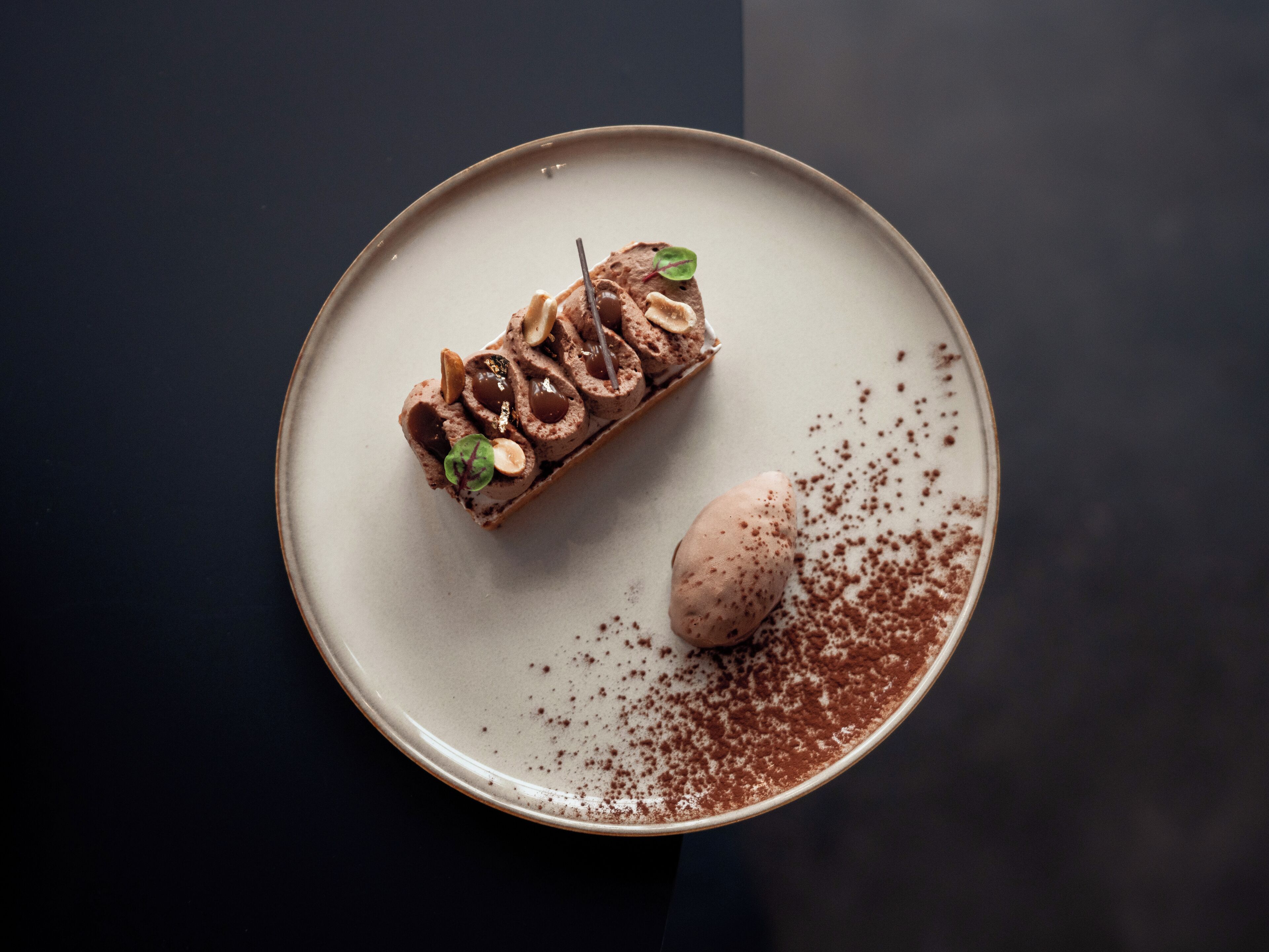 A dessert on a plate with a chocolate mousse and a scoop of ice cream, garnished with nuts and a leaf.