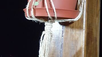 Een terracotta hangplanter met een plantje, vastgemaakt aan een houten constructie met touw.