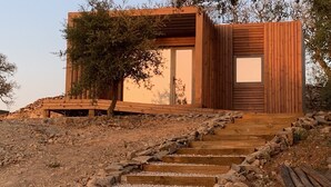 A modern wooden cabin with a staircase leading up to a wooden deck.