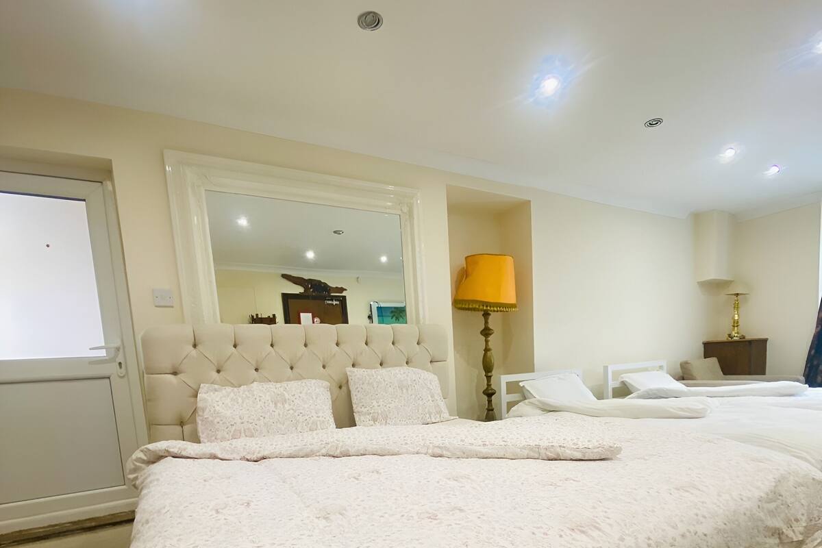 A hotel room with a large bed, a bedside table with a lamp, a mirror, and a door with a view of the outside.