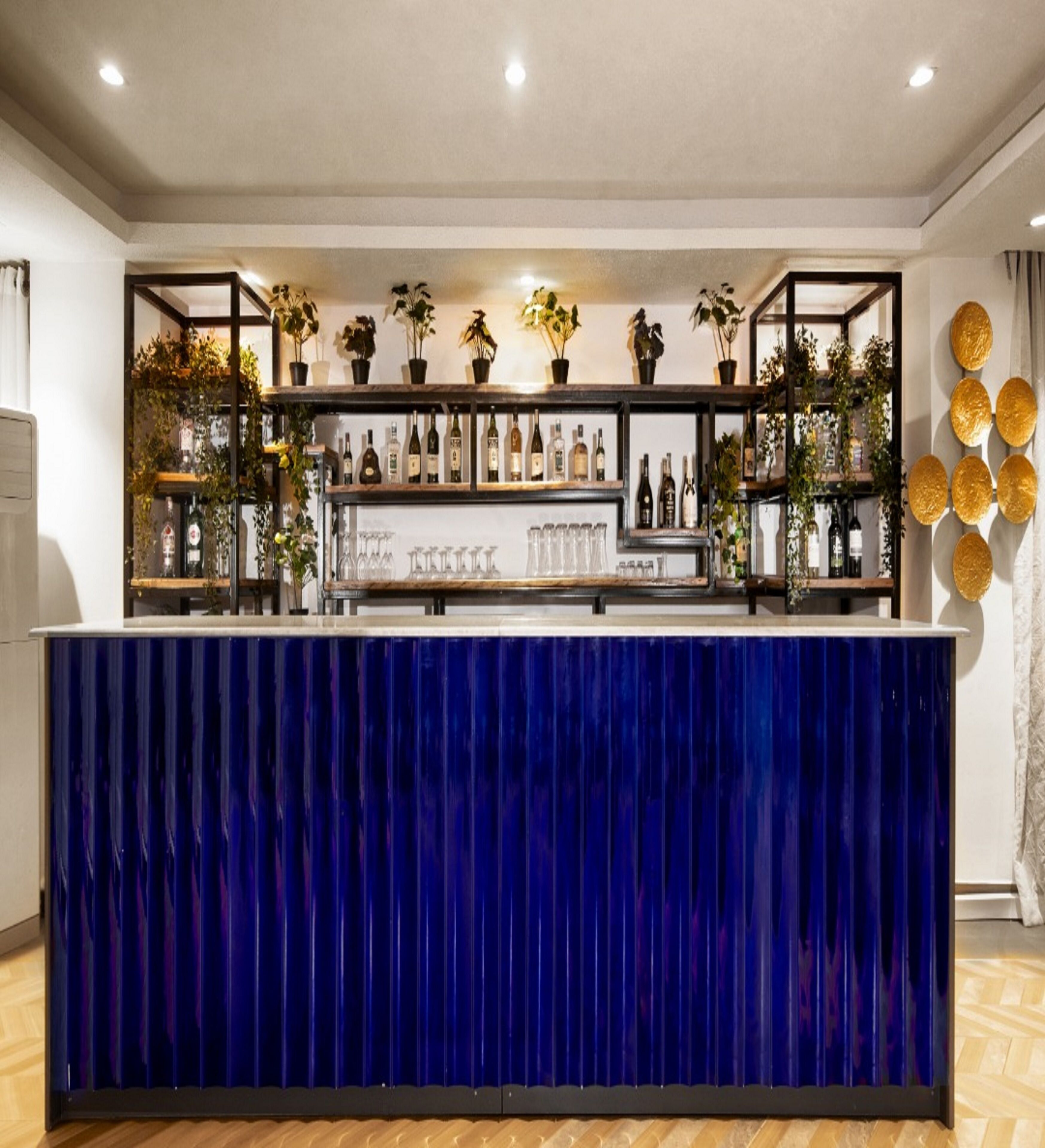 A bar area with a blue counter, shelves with bottles and glasses, and decorative plants.