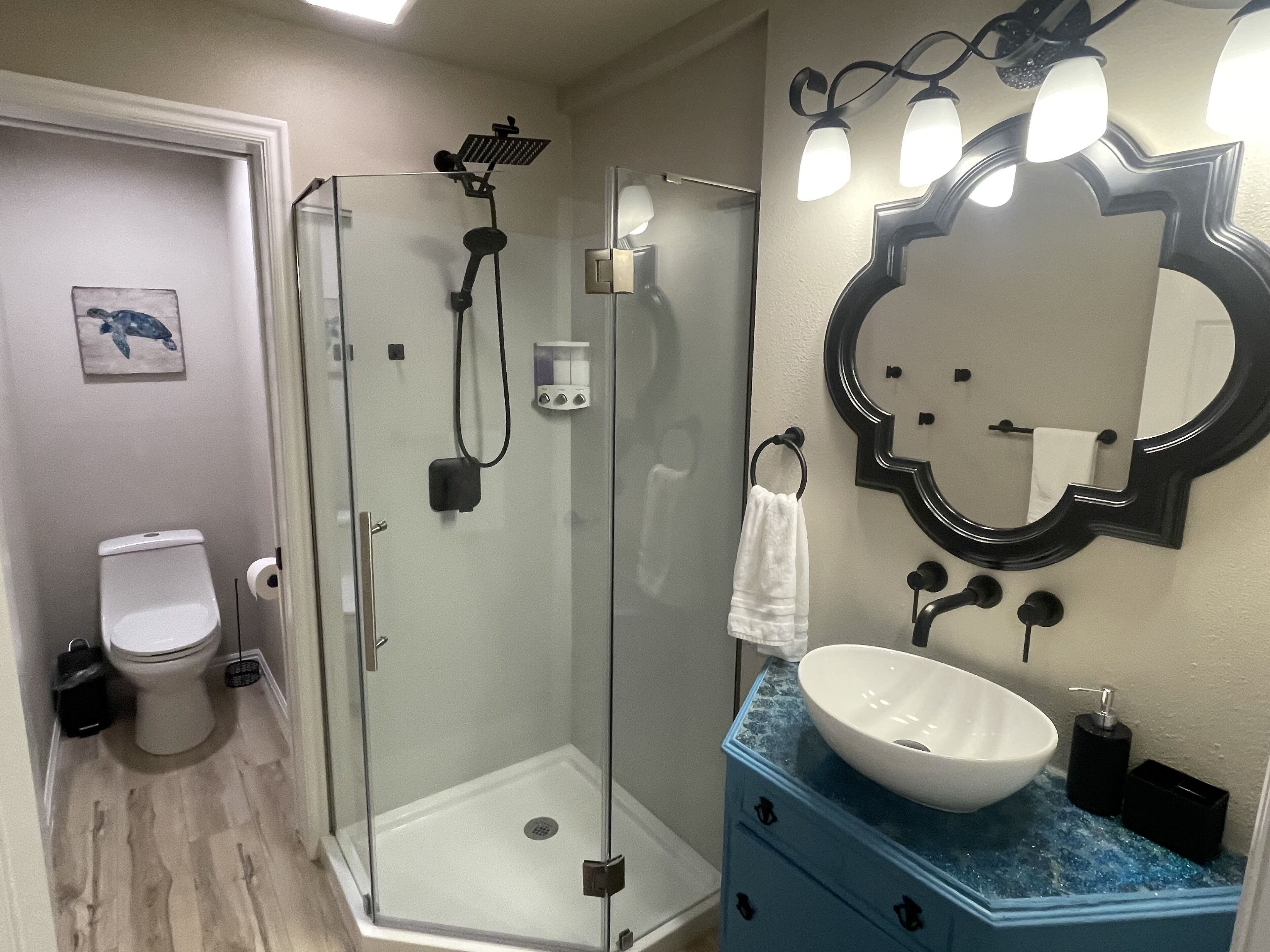 Combined shower/tub, hair dryer, towels, soap