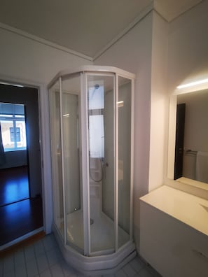 Shower, hair dryer, towels, toilet paper