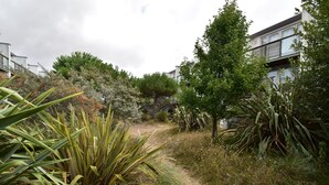 A pathway surrounded by various plants and trees, leading to a building with balconies. - Les Dunes (Rye)