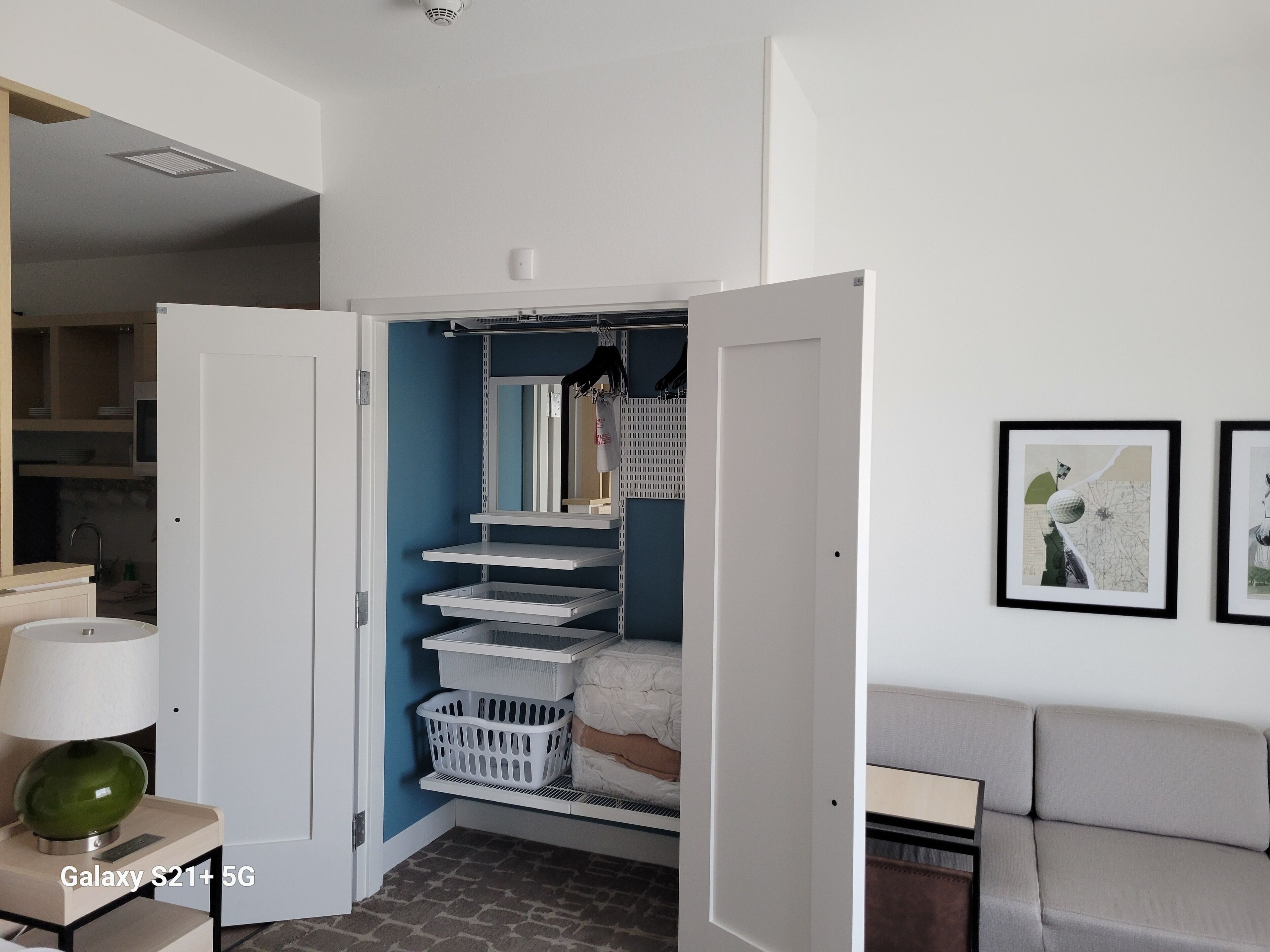 A bedroom with a closet containing shelves and baskets, a bed, a nightstand with a lamp, and a framed picture on the wall.