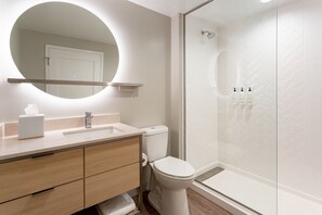 Hair dryer, towels, soap, shampoo