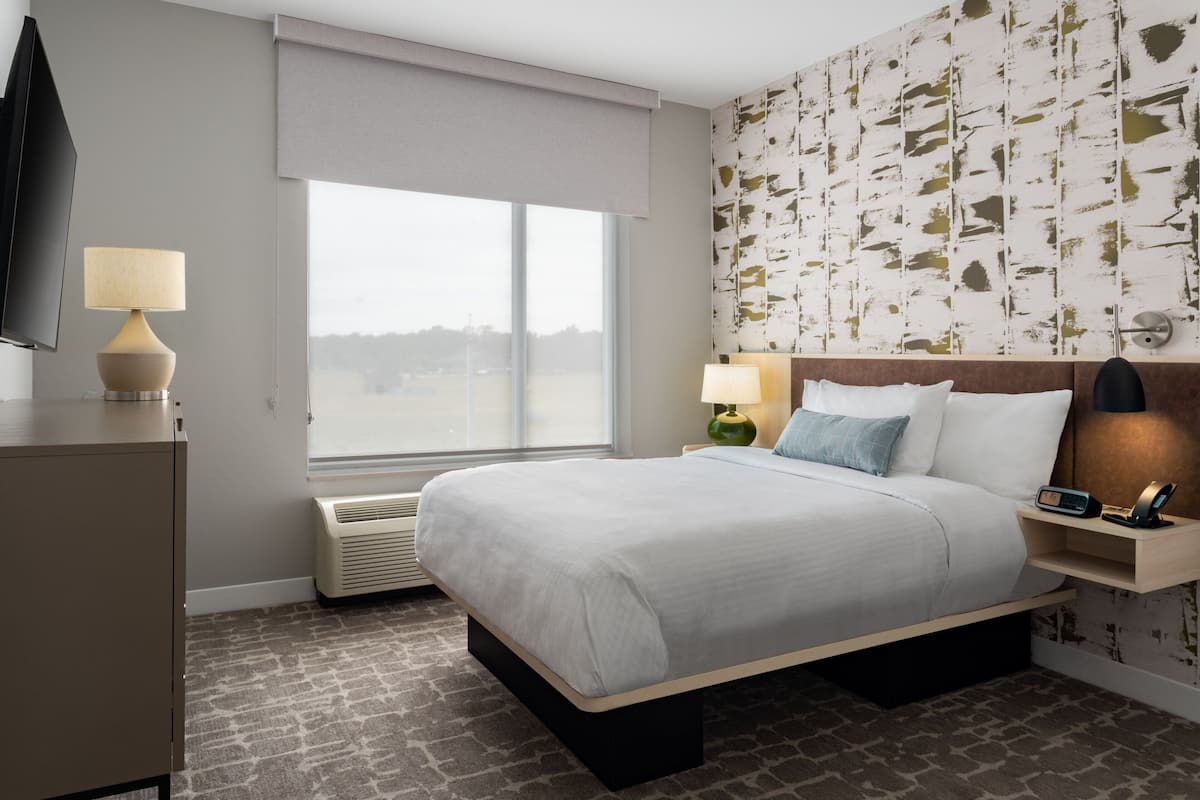 A hotel room with a bed, bedside lamps, a TV, and a window with a view.