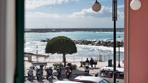 Une vue sur la côte, avec un arbre, des scooters garés et un banc au bord de la mer.