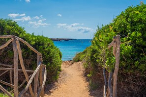 Un sentier qui mène à une plage d’où l’on a une vue dégagée sur la mer.