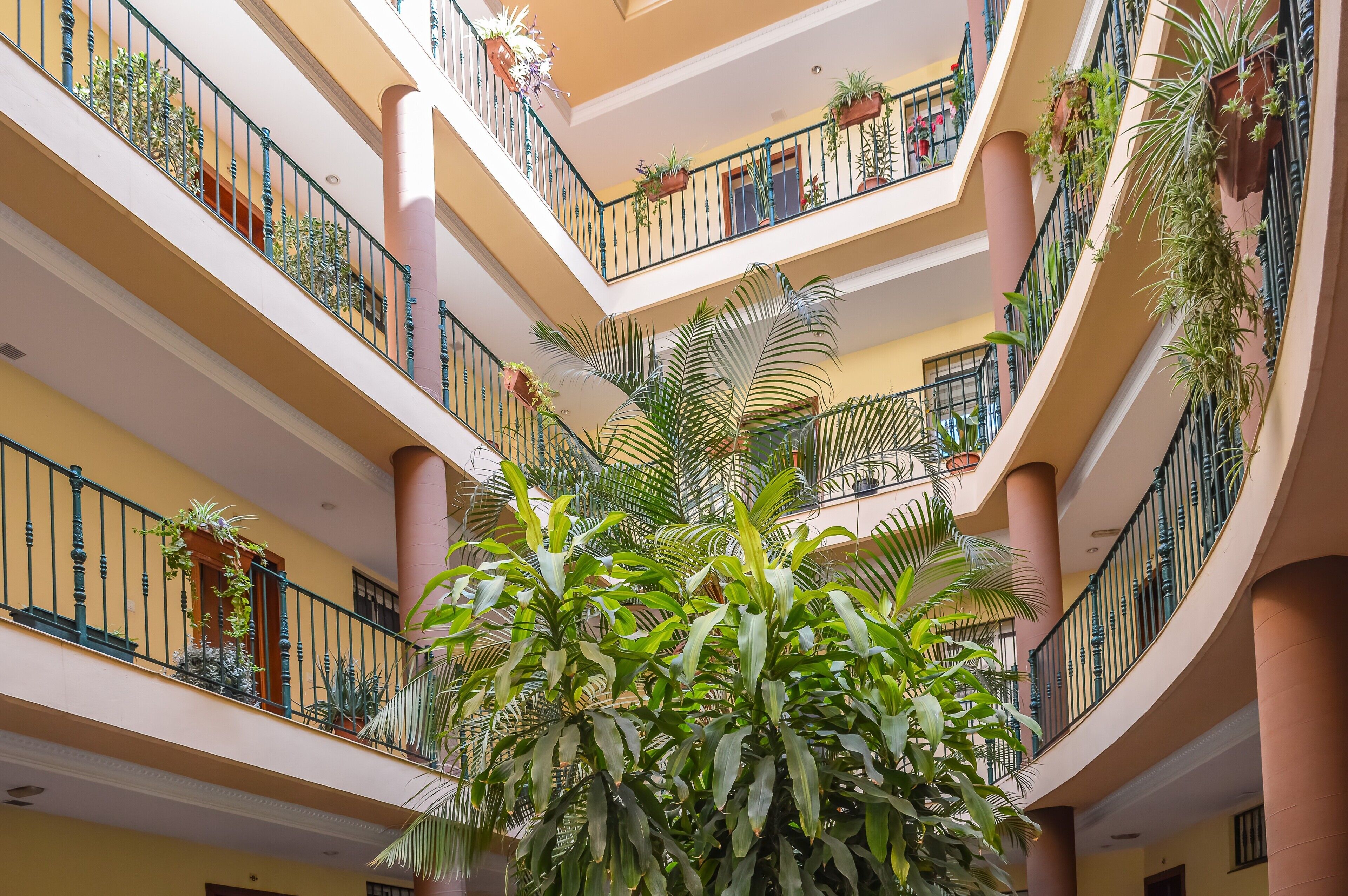 Un atrio de varios niveles con balcones, columnas y plantas en macetas.