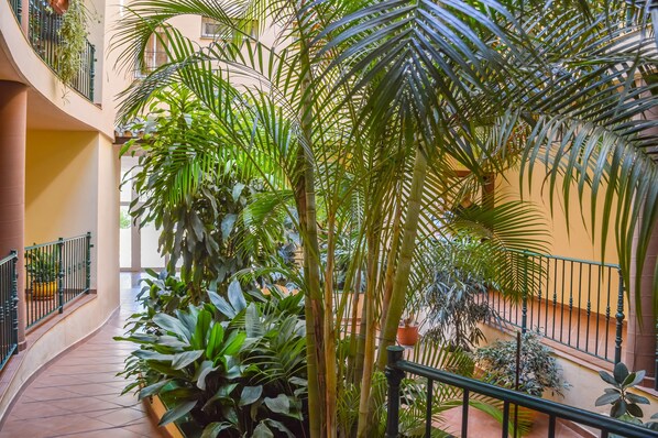 Un atrium à plusieurs niveaux, doté d’un plancher incurvé, de rampes en métal et d’une végétation luxuriante comprenant des palmiers et de grandes plantes à feuilles larges.