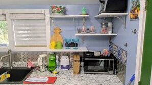A kitchen with a microwave, sink, and various kitchen items on shelves. - Eclectic Tiny House  (Lithia Springs)