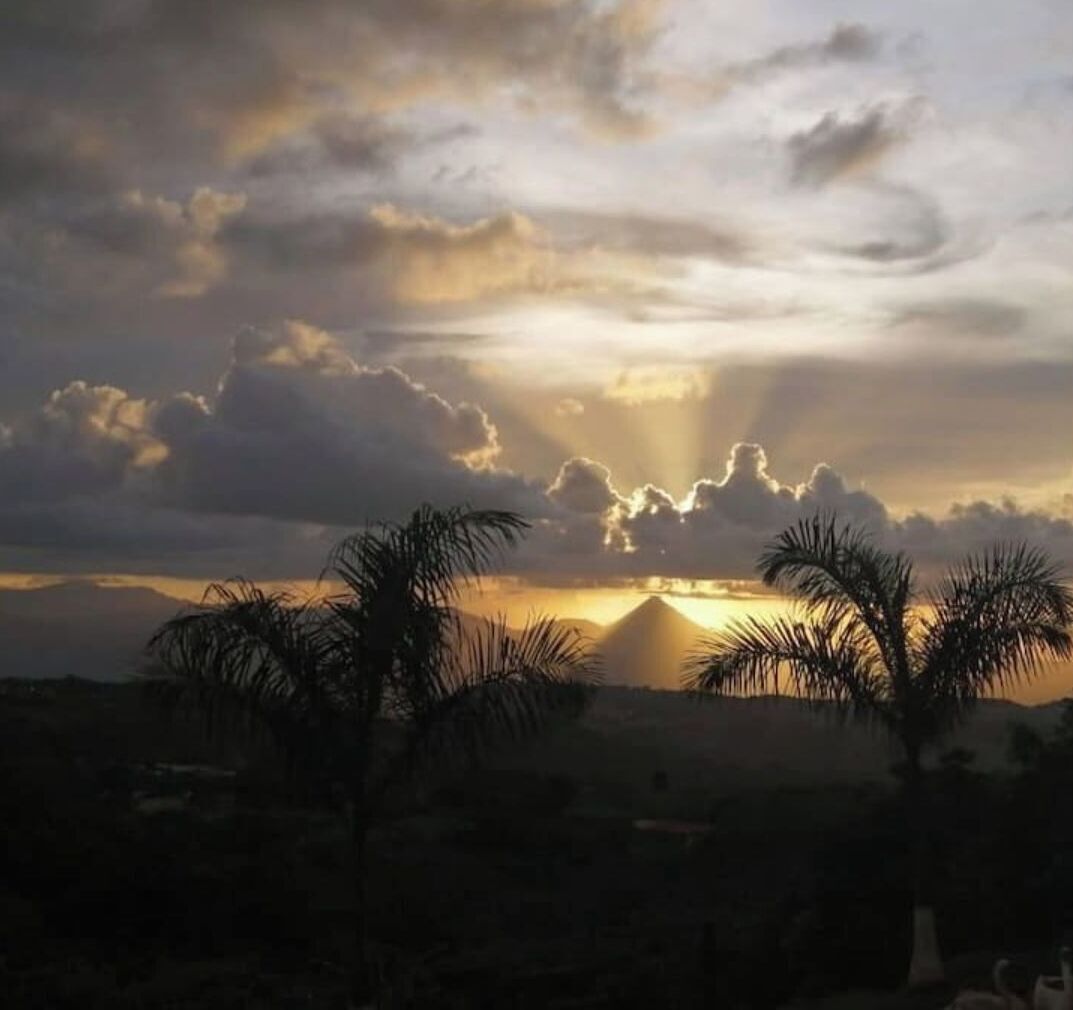 Ein Sonnenuntergang mit Wolken und Palmen im Vordergrund.