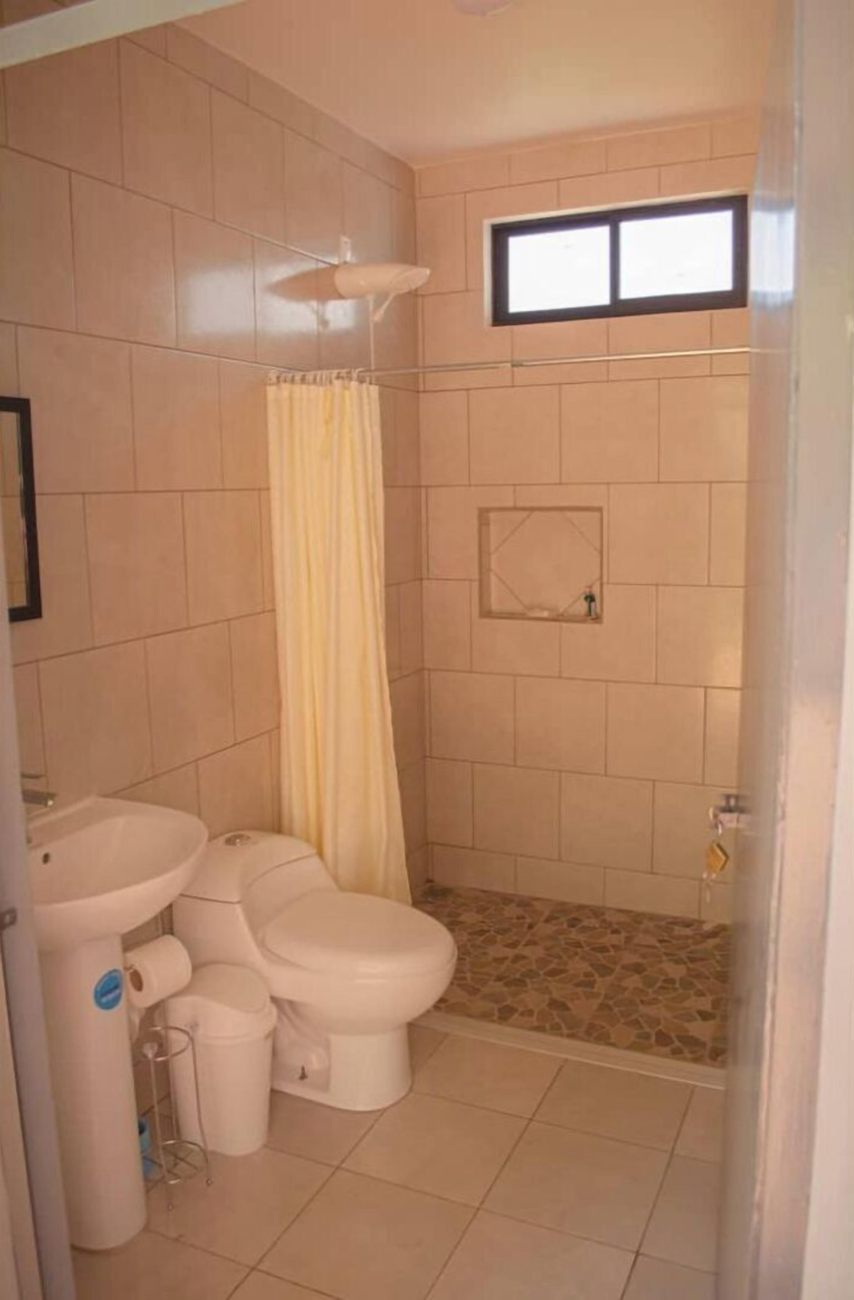 Une salle de bain avec douche, toilettes et lavabo.