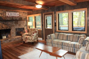TV, fireplace, books, stereo