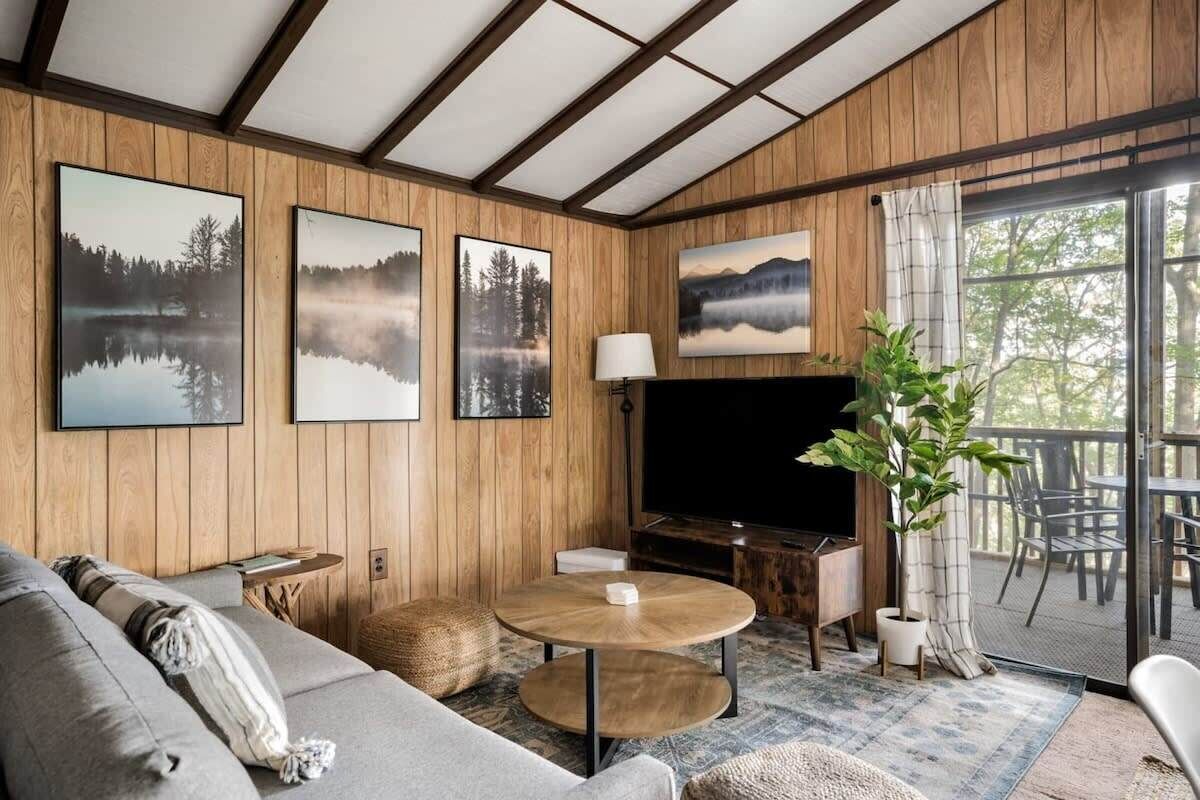 TV, fireplace, books, offices
