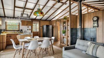 TV, fireplace, books, offices