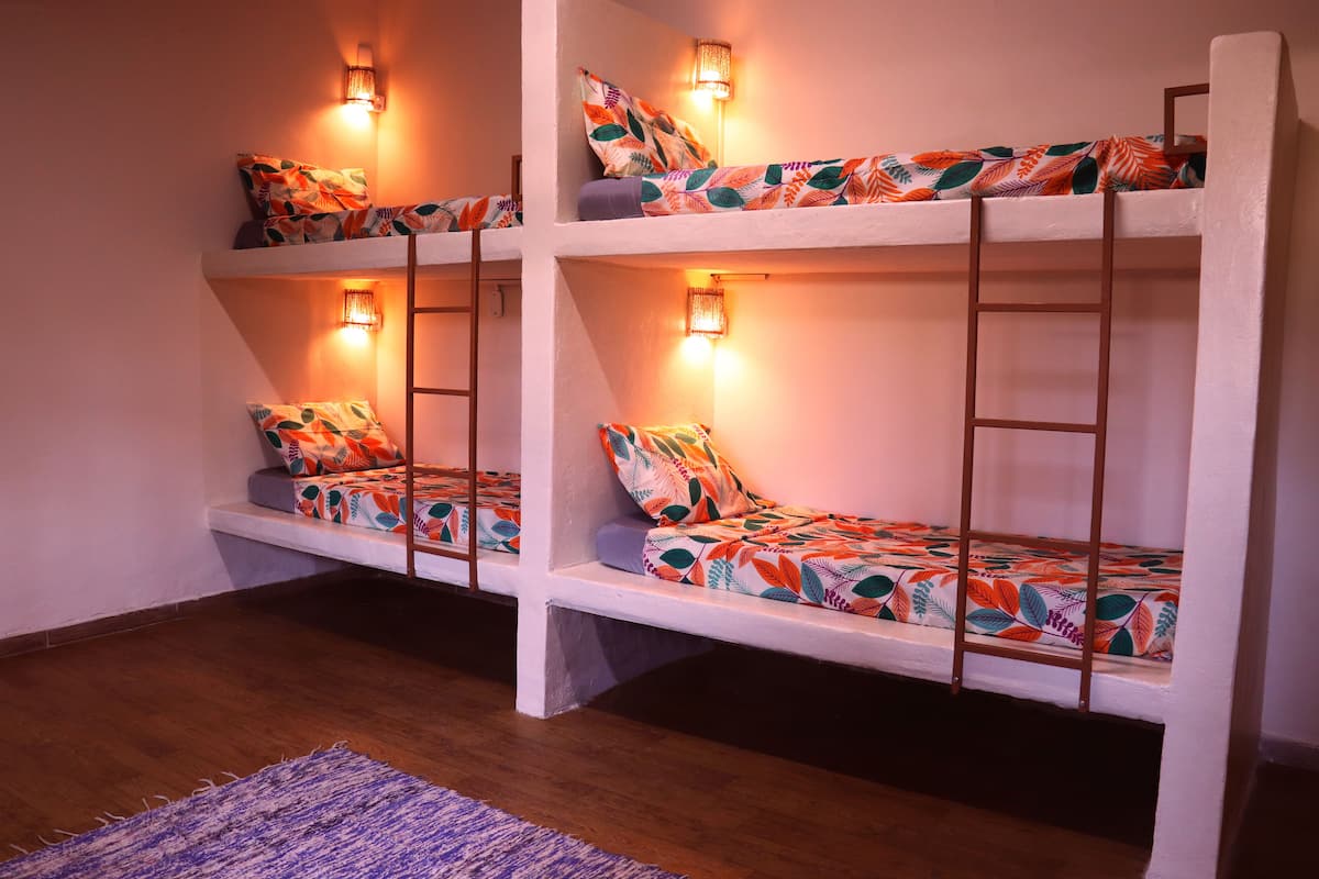 A room with bunk beds, each with a ladder and a patterned bedspread.