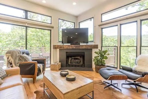 Smart TV, chimenea, libros y oficina